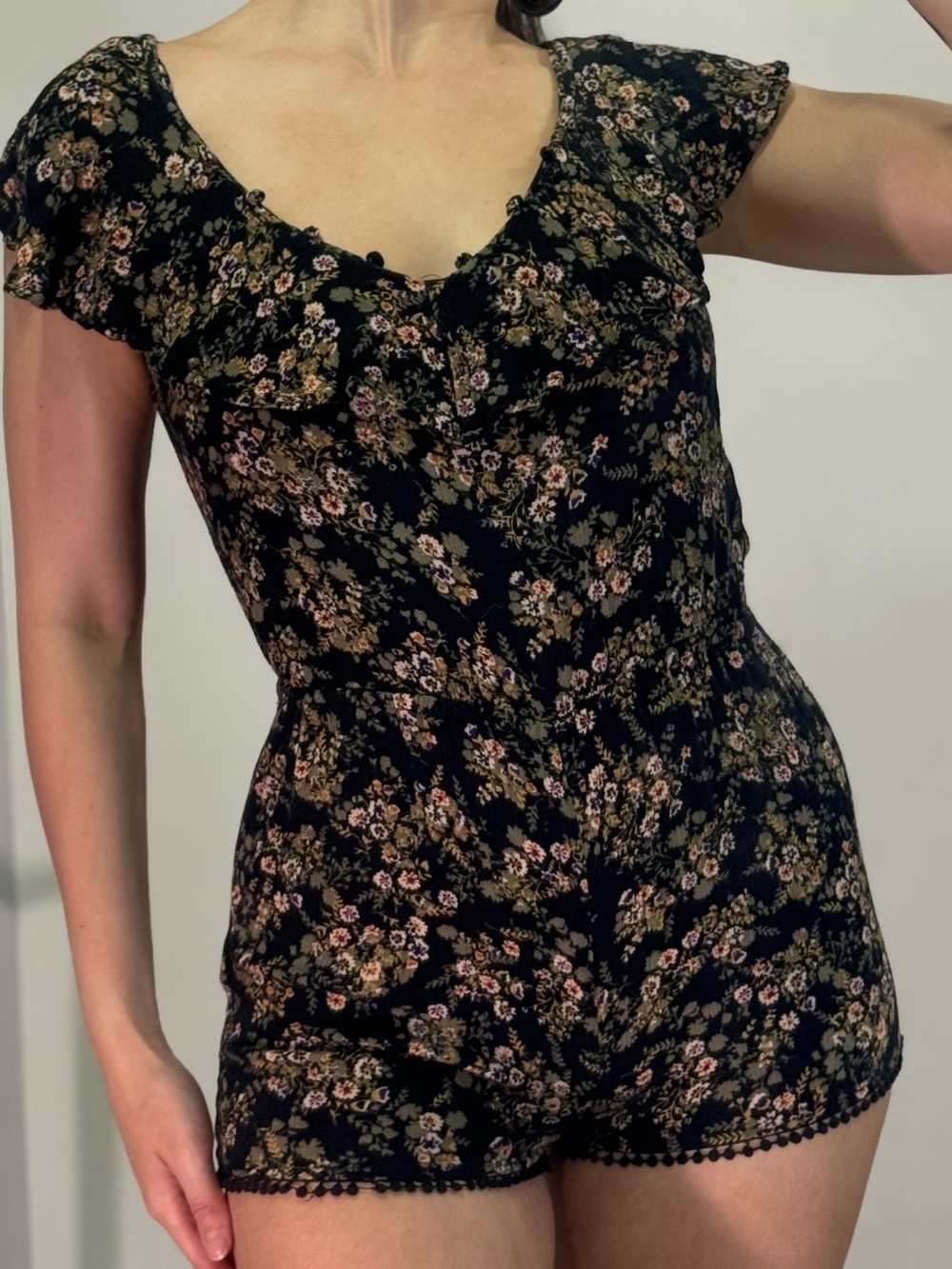 Floral Black Romper with Lace Trim